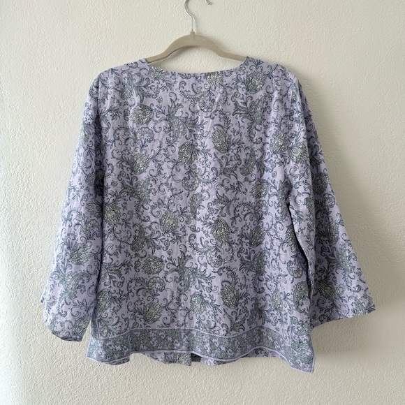 J. Jill Love Linen Purple Paisley Boho Popover Blouse Border Print Boxy Sz Large - Picture 6 of 11